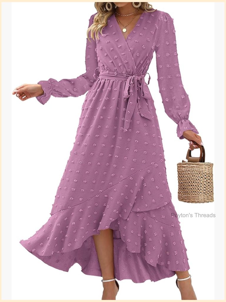 Long Sleeve Swiss Dot Boho Wrap V Neck Maxi Dress With Slit